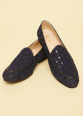 Navy Blue Floral Patterned Sequined Loafers